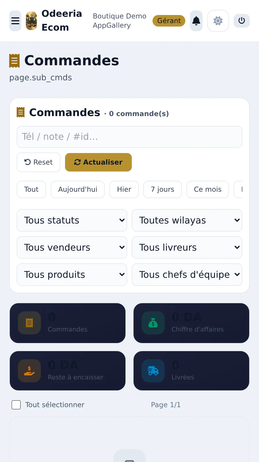 Écran de gestion des commandes Odeeria
